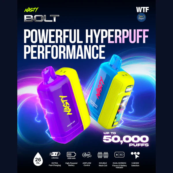 Buy Nasty Bolt 50,000 50K Puffs Vapes Online (Rechargeable Disposable) | Express Delivery in Hyderabad